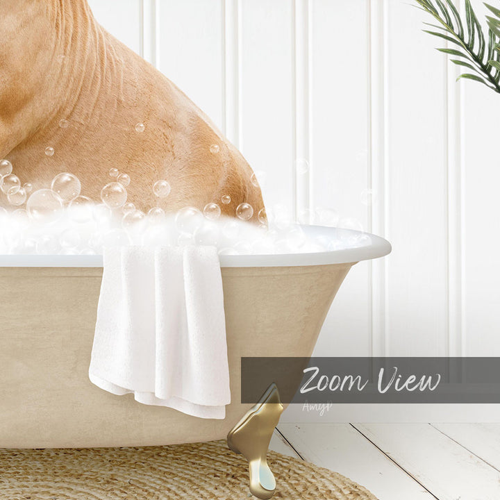 A dog is sitting in a bathtub filled with bubbles, with a towel and a plant nearby.