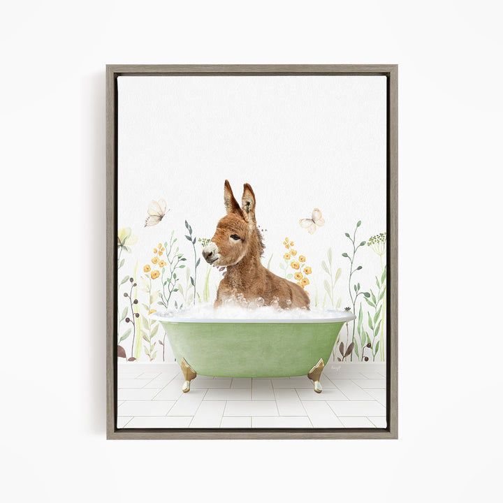 A donkey is sitting in a green bathtub filled with water, surrounded by flowers and butterflies.