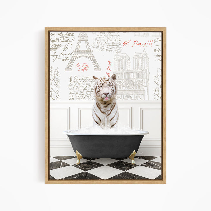 A white tiger is sitting in a bathtub filled with water, surrounded by a black and white checkered floor and a wall with the Eiffel Tower and other Parisian landmarks.