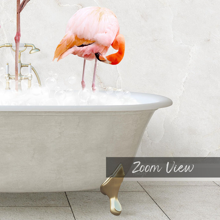 A pink flamingo standing in a bathtub filled with water, with a gold faucet and a text overlay that reads "Zoom View".