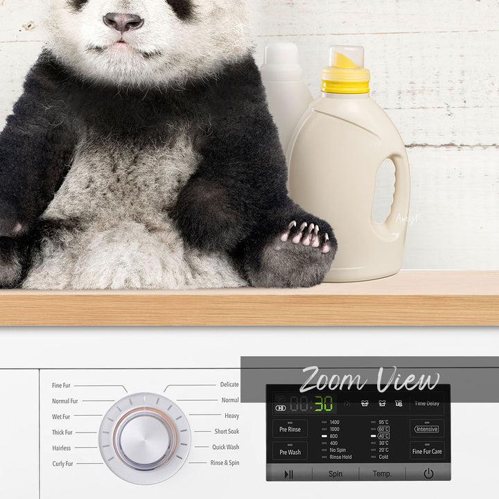 A panda bear sitting on a shelf next to a bottle of laundry detergent.