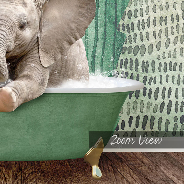 A baby elephant sitting in a green bathtub filled with water, surrounded by a patterned wall.