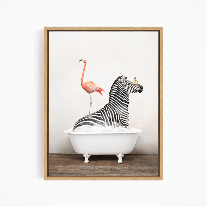 A zebra is sitting in a white bathtub, with a flamingo standing on its back legs and a bird perched on its head.