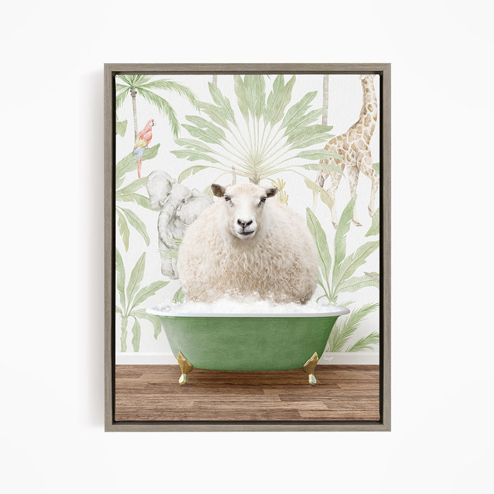 A sheep is sitting in a green bathtub, surrounded by a tropical wallpaper with various animals, including a giraffe and a parrot.