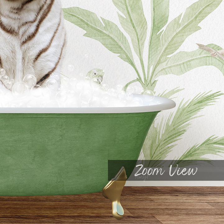 A white tiger is standing in a green bathtub filled with bubbles, with a small bird perched on the rim of the tub.