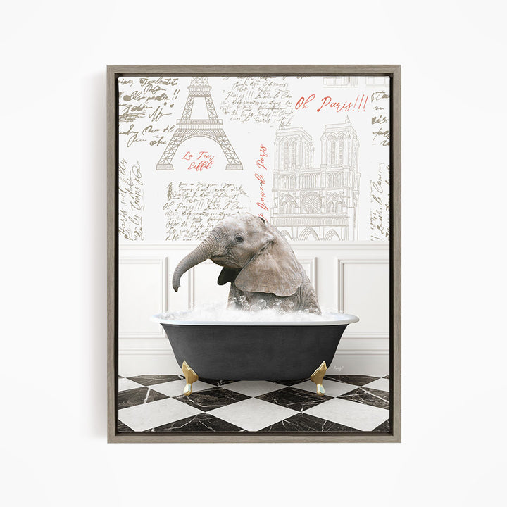 A gray elephant is sitting in a black bathtub filled with water, surrounded by a checkered floor and a wall with various inscriptions and illustrations.