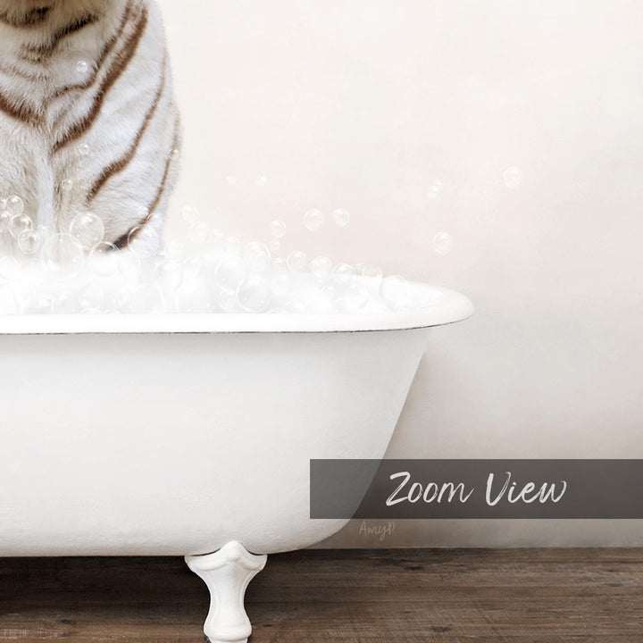 A white cat sitting in a white bathtub filled with bubbles, with the text "Zoom View" displayed below the image.