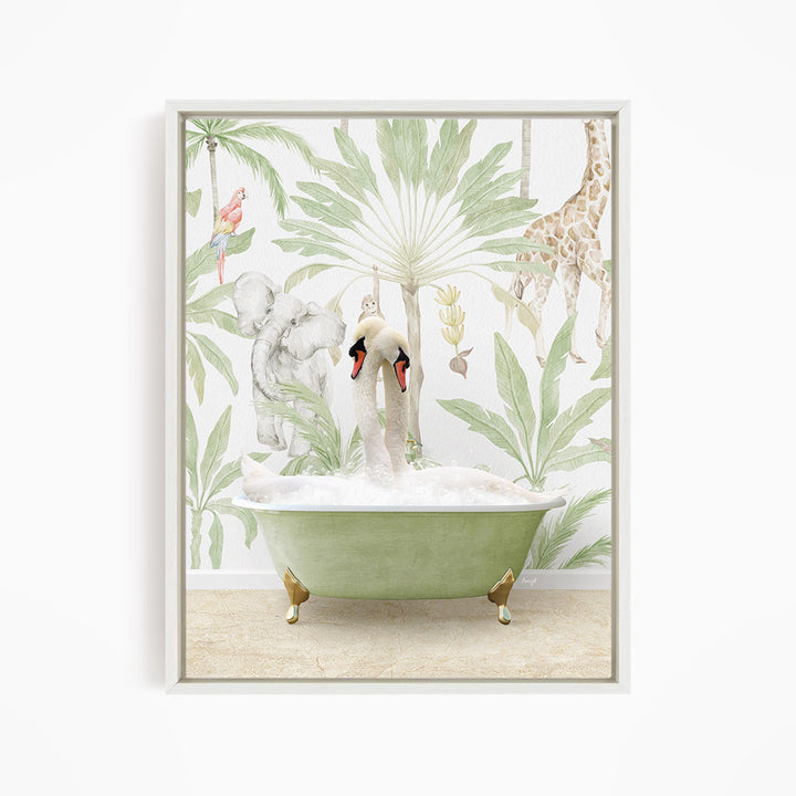 A green bathtub filled with bubbles, surrounded by various animals such as a giraffe, elephant, and swan, all set against a tropical wallpaper backdrop.