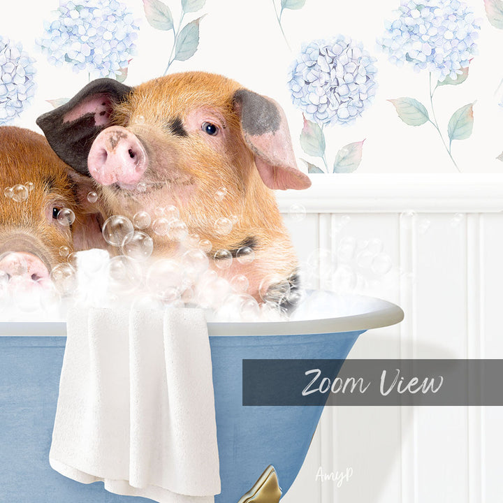 A pig sitting in a blue bathtub filled with bubbles, surrounded by a floral patterned wall.