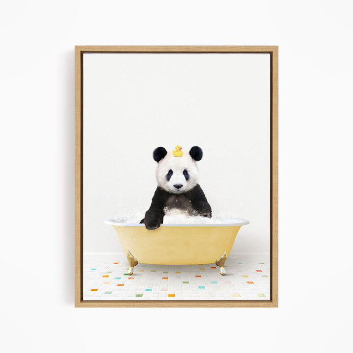 A panda bear sitting in a yellow bathtub filled with bubbles, with a rubber duck floating on the water.