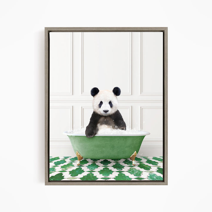 A panda bear sitting in a green bathtub filled with bubbles, surrounded by a green and white patterned floor.
