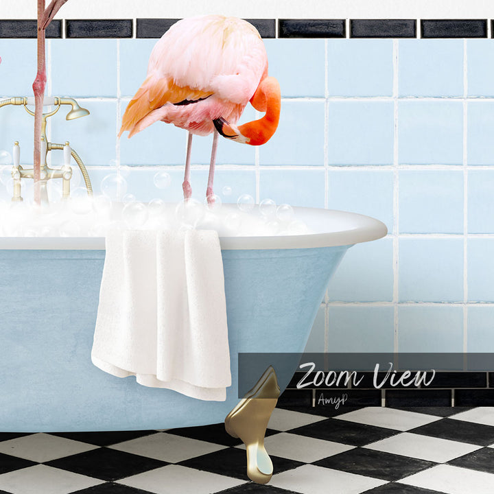 A pink flamingo stands in a blue bathtub filled with bubbles, with a white towel hanging on the side and a black and white checkered floor in the background.