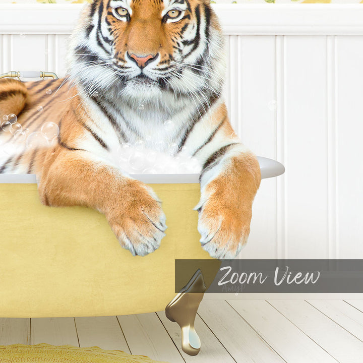 A tiger resting in a yellow bathtub, surrounded by bubbles.