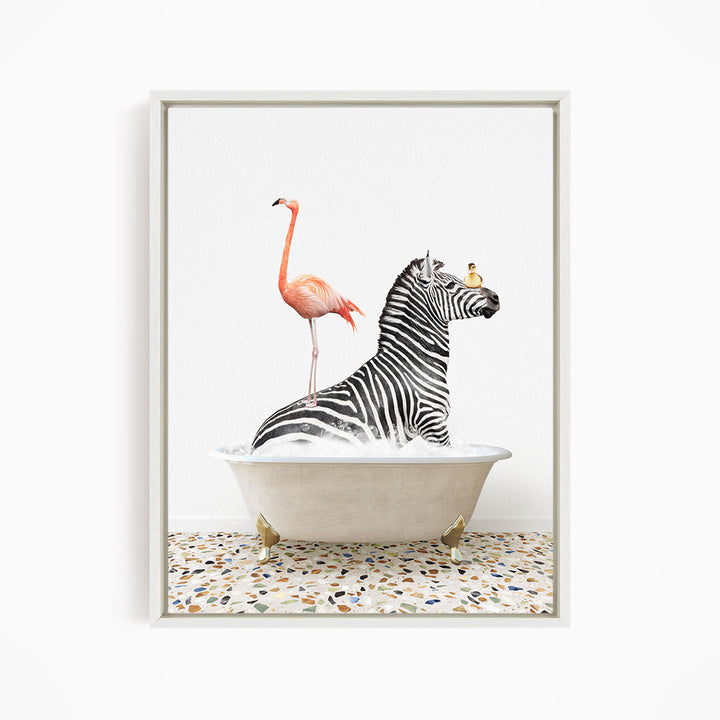 A zebra is sitting in a bathtub, with a pink flamingo standing on its back legs and a bird perched on its head.