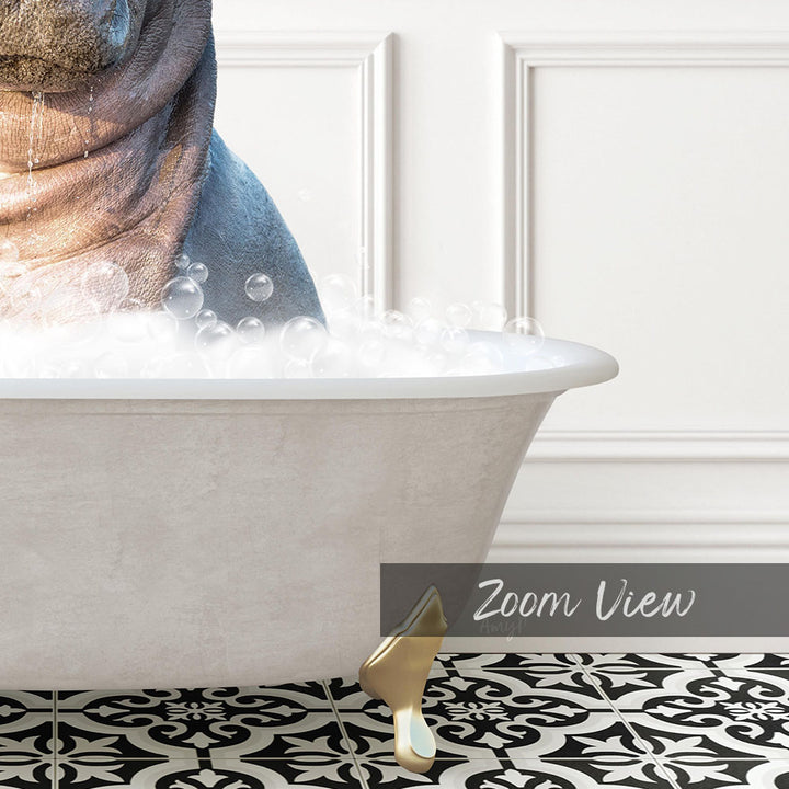 A close-up view of a bathtub filled with bubbles, with a dog's head partially submerged in the water.