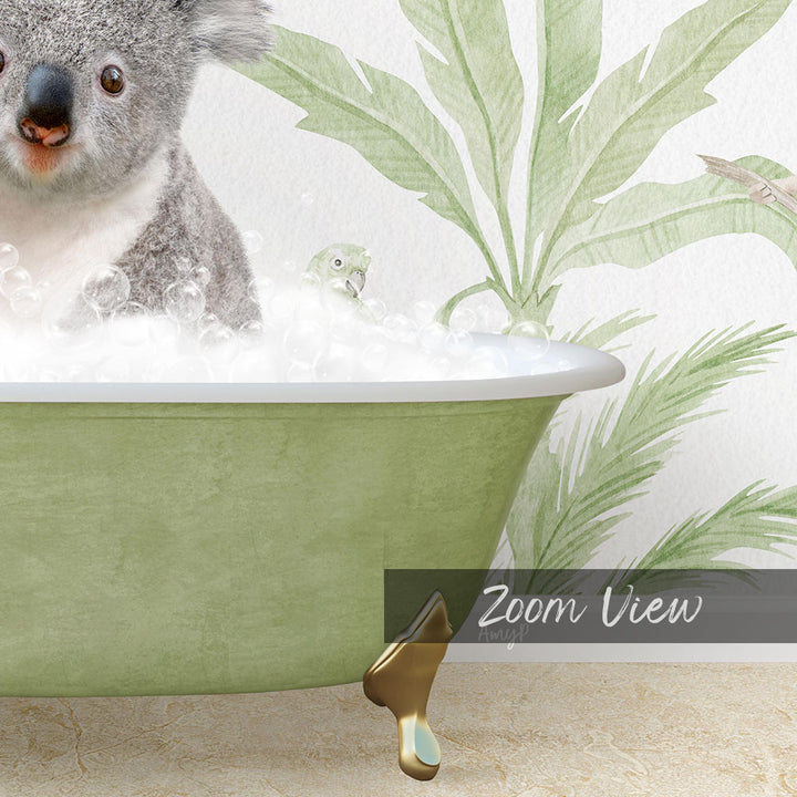 A koala sitting in a green bathtub filled with bubbles, with a palm tree and bird in the background.