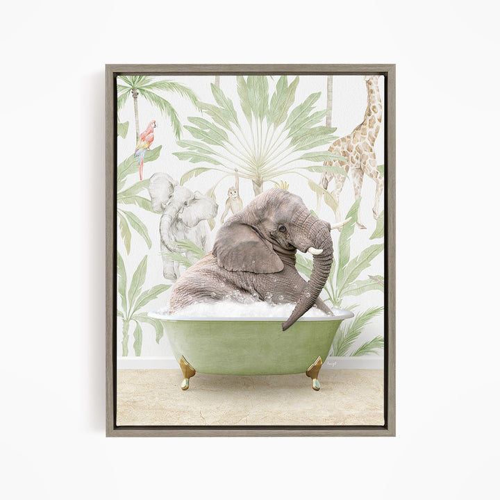 A large elephant is sitting in a green bathtub, surrounded by tropical foliage and other animals, creating a whimsical and playful scene.