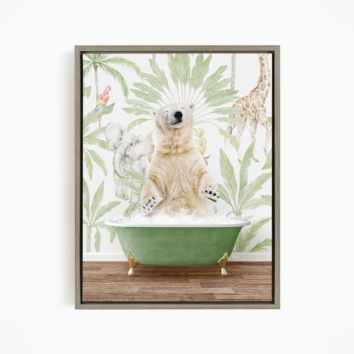 A polar bear sitting in a green bathtub, surrounded by tropical plants and animals, such as a giraffe and a parrot.