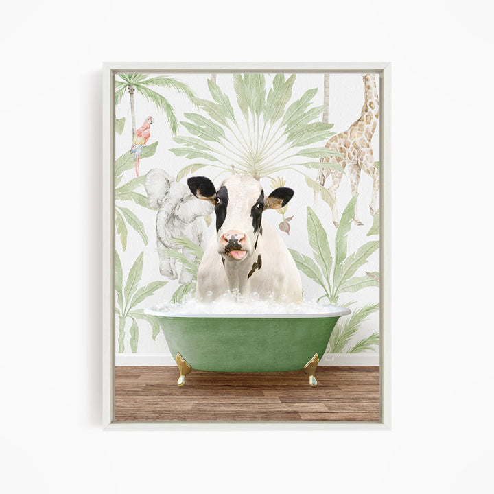 A cow is sitting in a green bathtub filled with water, surrounded by tropical plants and animals, such as a giraffe and a parrot, in a whimsical and playful scene.