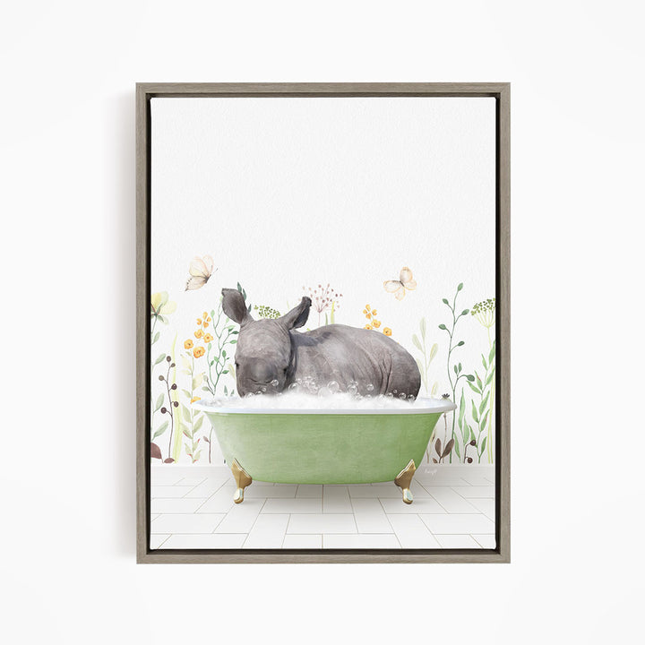 A rhinoceros is lying in a green bathtub filled with water, surrounded by flowers and butterflies.