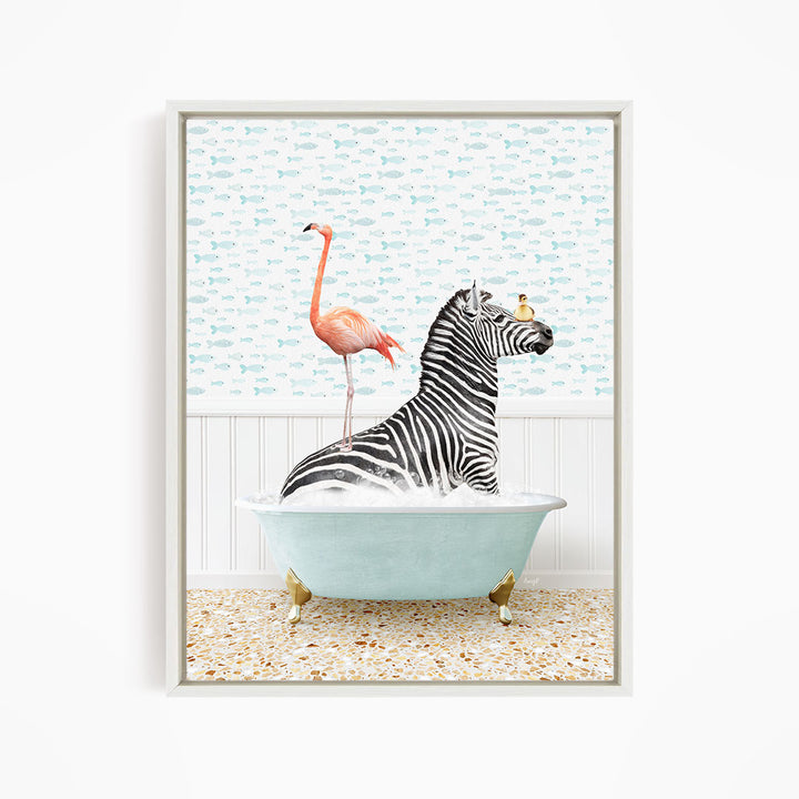 A zebra is sitting in a bathtub, surrounded by a pink flamingo and a yellow bird, creating a whimsical and playful scene.