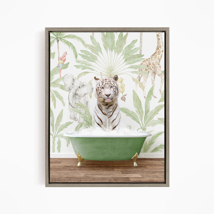A white tiger is sitting in a green bathtub, surrounded by tropical plants and animals, including a giraffe and a parrot, in a whimsical and playful scene.