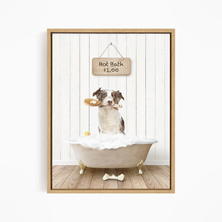 A dog sitting in a bathtub filled with bubbles, holding a toothbrush in its mouth, with a sign above indicating a hot bath for $1.00.