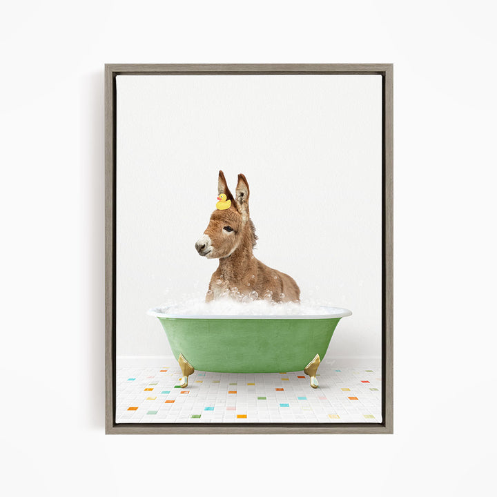A donkey wearing a yellow hat is sitting in a green bathtub filled with bubbles, creating a whimsical and playful scene.