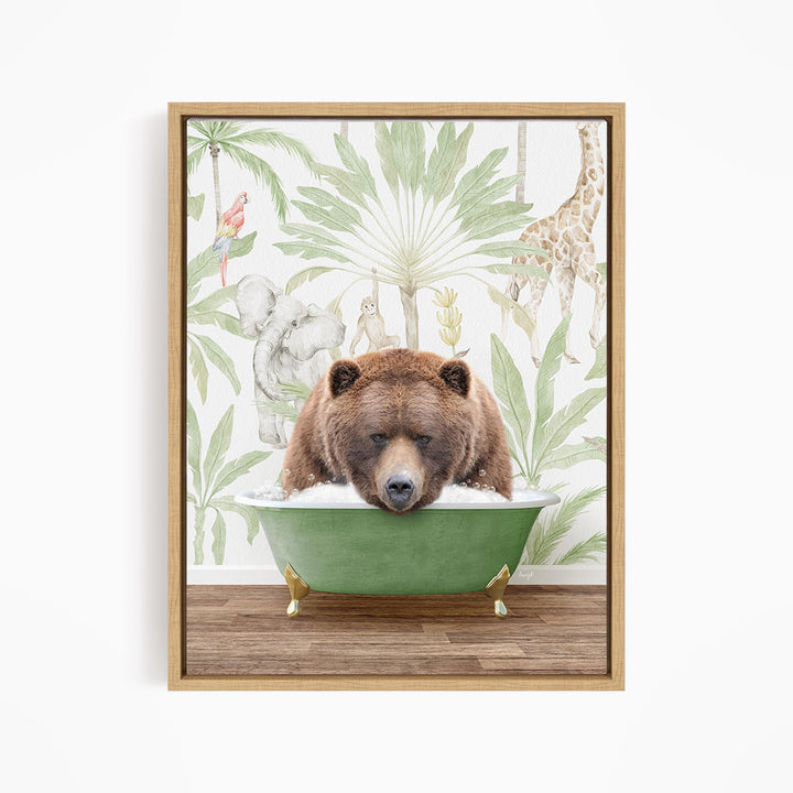 A brown bear is sitting in a green bathtub, surrounded by a tropical jungle scene with various animals and plants.