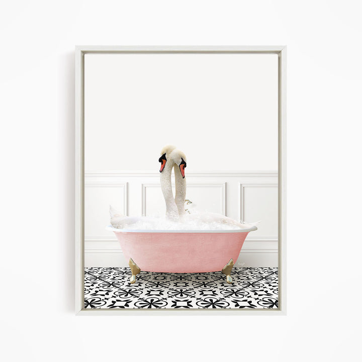A pair of swans sitting in a pink bathtub filled with bubbles, with a black and white patterned floor in the background.