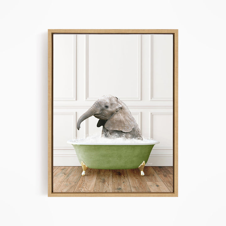 A baby elephant sitting in a green bathtub filled with water, creating a whimsical and playful scene.