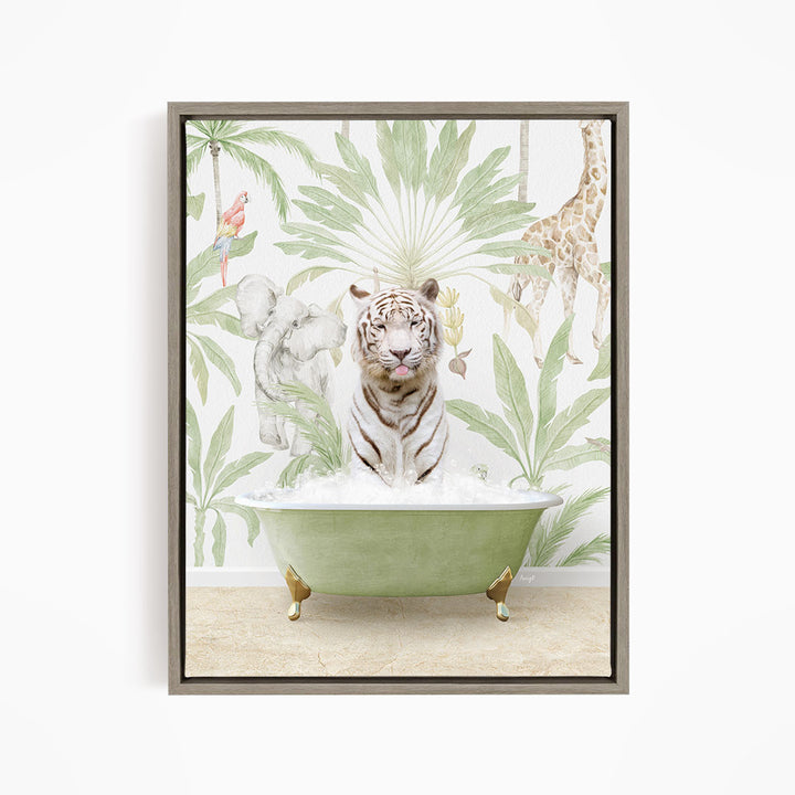 A tiger sitting in a green bathtub surrounded by tropical plants and animals, including a giraffe and a parrot.