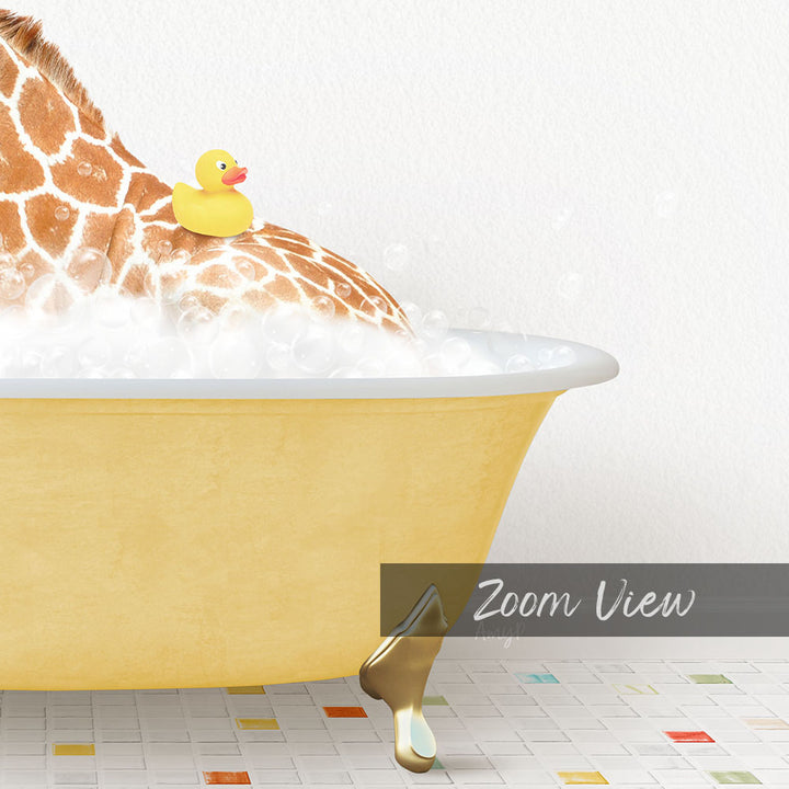 A yellow bathtub filled with bubbles, with a yellow rubber duck sitting on the edge of the tub.