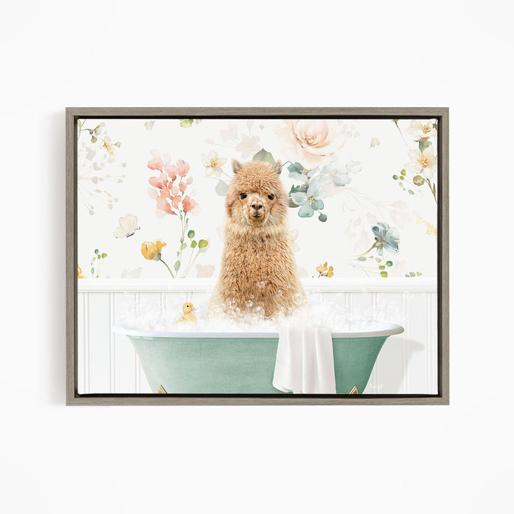 A fluffy brown alpaca sitting in a green bathtub filled with bubbles, surrounded by a floral pattern.