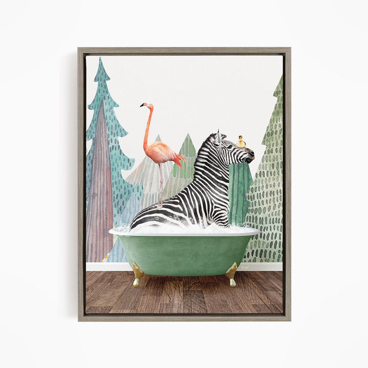 A zebra is sitting in a green bathtub, surrounded by a pink flamingo and a green tree, with a white background.