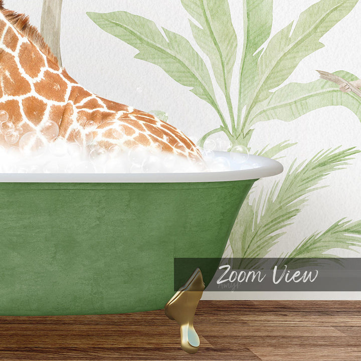 A giraffe is sitting in a green bathtub filled with water, surrounded by a tropical plant motif.