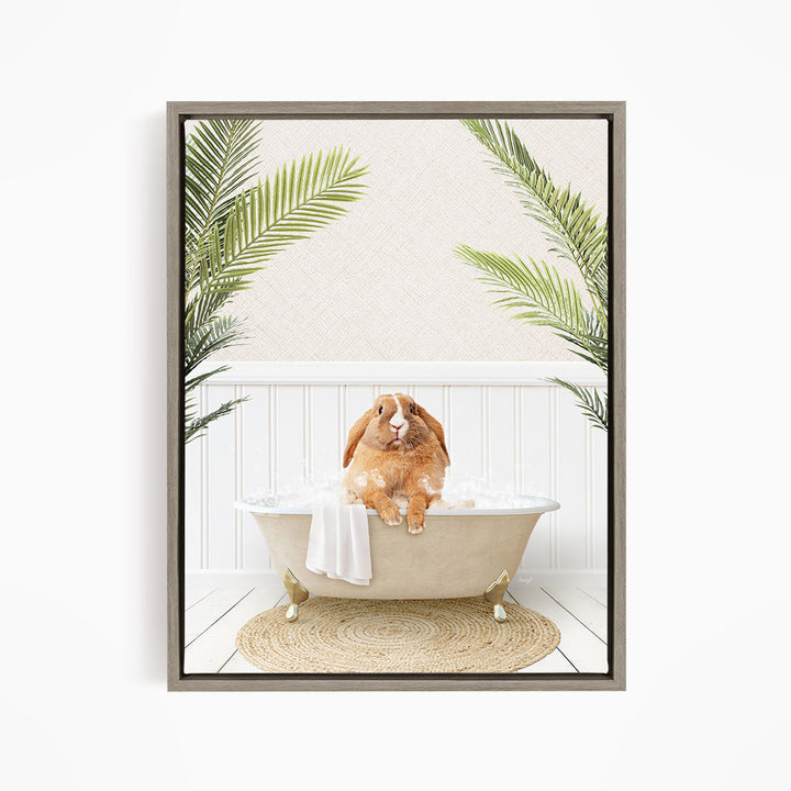 A brown rabbit sitting in a white bathtub, surrounded by green palm leaves, creating a whimsical and relaxing scene.