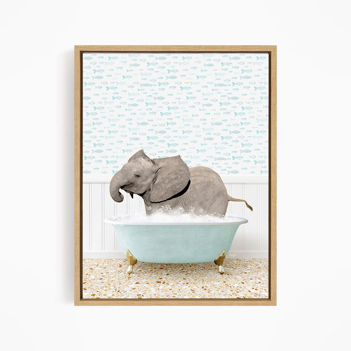 A gray elephant is standing in a light blue bathtub filled with water, surrounded by a patterned wall and a tiled floor.