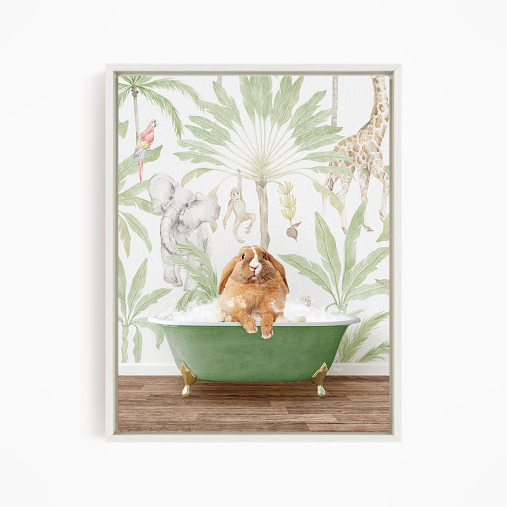 A rabbit sitting in a green bathtub filled with water, surrounded by various animals such as a giraffe, elephant, and parrot, against a backdrop of tropical foliage.