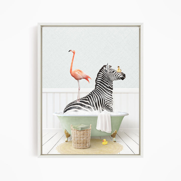 A zebra is sitting in a green bathtub, with a pink flamingo standing on its back and a yellow rubber duck floating nearby.