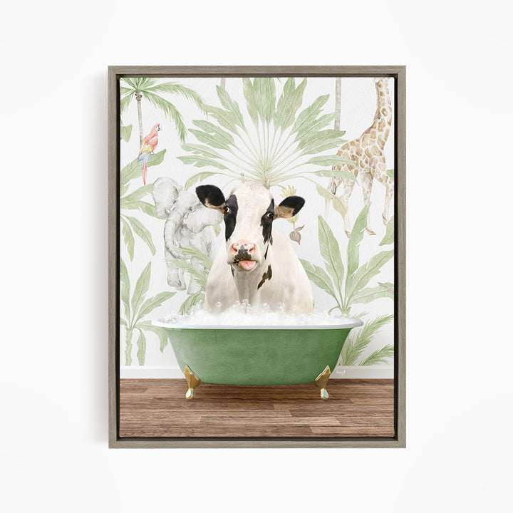 A cow is sitting in a green bathtub, surrounded by tropical plants and animals, including a giraffe and a parrot, creating a whimsical and playful scene.