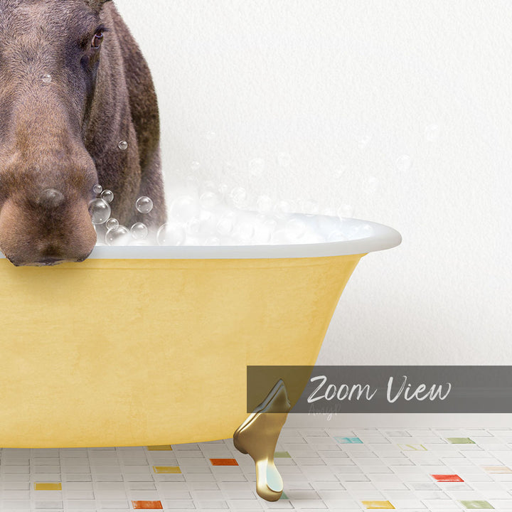 A dog is standing in a yellow bathtub filled with bubbles, with a text overlay that reads "Zoom View".