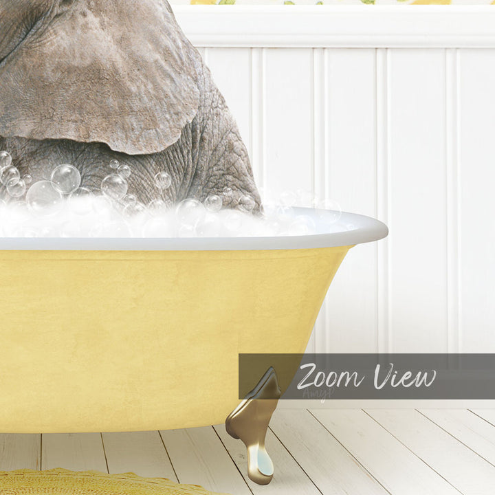 A large elephant is sitting in a yellow bathtub filled with bubbles, creating a whimsical and playful scene.