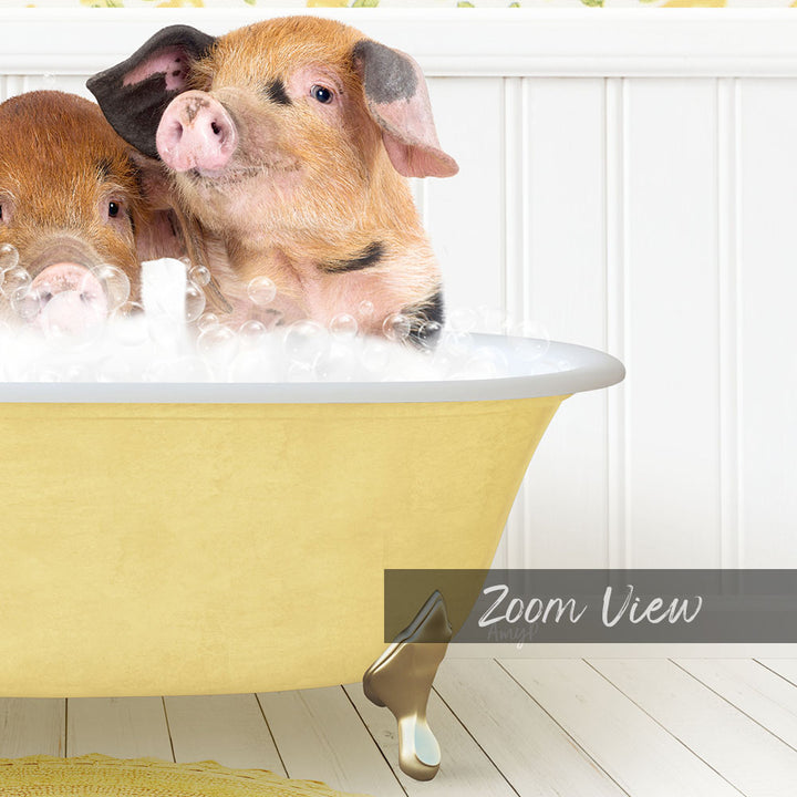 Two adorable pigs enjoying a relaxing bath in a yellow bathtub.