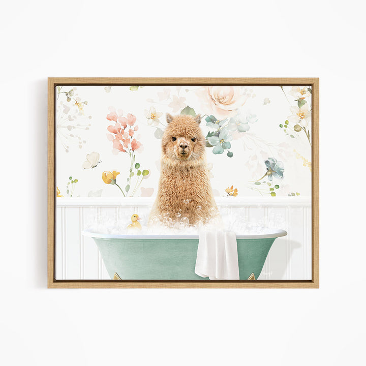A fluffy brown alpaca sitting in a green bathtub filled with bubbles, surrounded by a floral pattern.