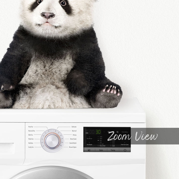 A panda bear sitting on top of a washing machine.