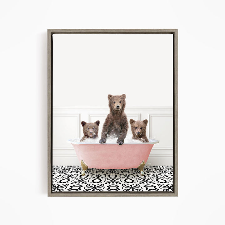 Three Bear Cubs in Stencil Tile with Pink Bathtub Bath