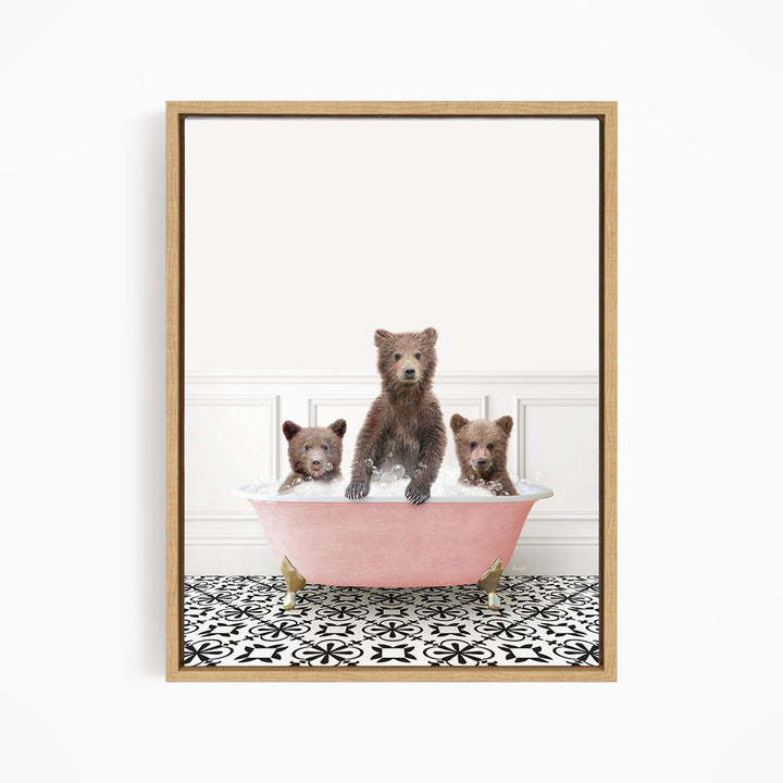Three Bear Cubs in Stencil Tile with Pink Bathtub Bath