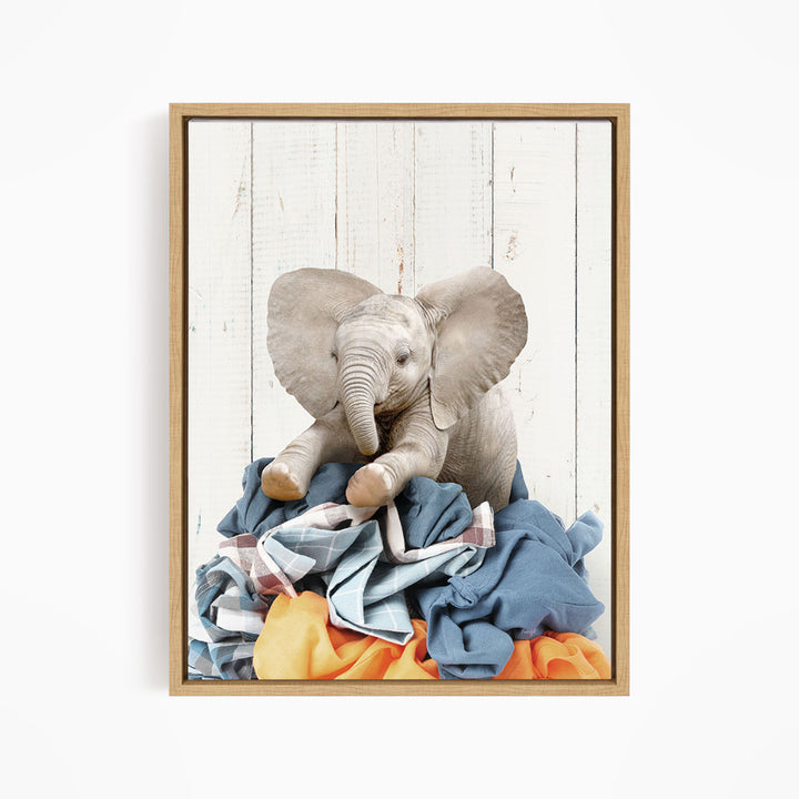 Baby Elephant on Laundry Clothes Pile - Farmhouse Wall