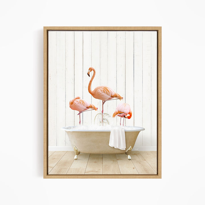 Three Flamingos in Farmhouse Bath